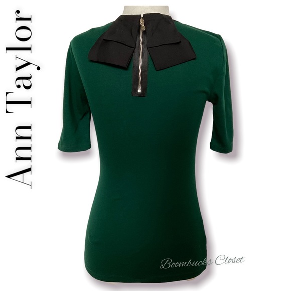 Ann Taylor Hunter Green Blouse, Shirt with back Bow, Bodycon Petite XS - Picture 3 of 13